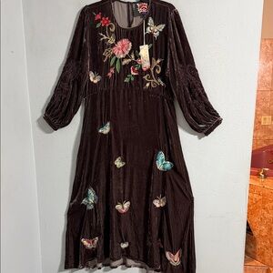 NWT Johnny Was Embroidered Brown Dress with Floral and Butterfly Accents